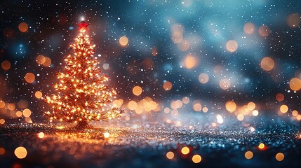 Wall Mural - whimsical xmas background bokeh light with copy space Decorated Christmas tree with glowing lights