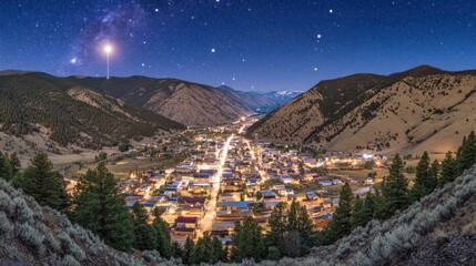 Poster - A serene night view of a small town nestled in a valley under a starry sky.