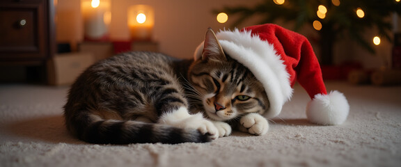 Cute cat wearing Santa hat resting on floor with festive candles and Christmas tree in background