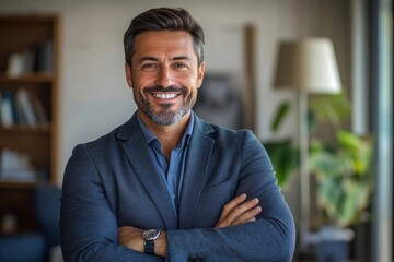 Portrait, smile and confident business man in office for career, job and corporate company in Italy. Face, happy and professional entrepreneur with arms crossed, salesman and employee, Generative AI