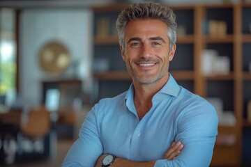 Portrait, smile and confident business man in office for career, job and corporate company in Italy. Face, happy and professional entrepreneur with arms crossed, salesman and employee, Generative AI