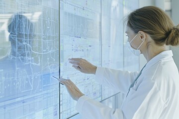 Leinwandbilder - Female Doctor Reviewing Patient Data on a Large Digital Screen in a Modern Longevity Clinic