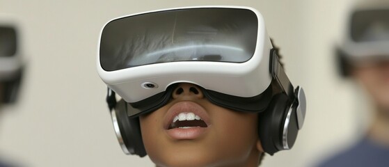 Poster - Diverse Student in Classroom Wearing VR Headset Immersed in Virtual Experience, Educational Technology in Modern Learning Environment
