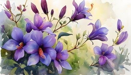 Wall Mural - Enchanting watercolor depiction of vibrant purple blooms