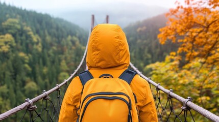 Hiking Adventure   Woman Walking on Suspension Bridge with Backpack in Autumn Forest