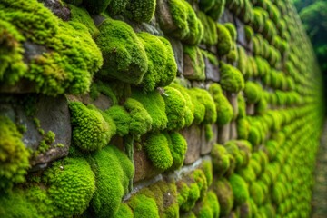 Poster - Stone wall covered in vibrant green moss texture close-up