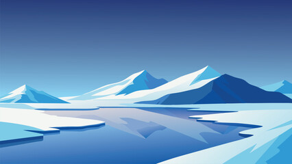 An illustration depicting a snowy mountain range reflecting in a serene body of water beneath a clear blue sky