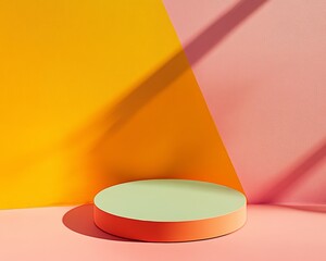 Aufkleber - Minimalist Matte Orange Podium on Vibrant Pink and Yellow Background with Playful Shadows