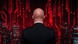 © Narongsag - Businessman in Suit with Red Circuit Board Background   Technology Concept