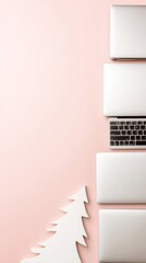 Poster - Minimalist Christmas Concept with Laptops Shaped as Tree on Pink Background - Bright and Festive Business Theme