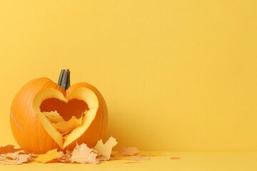 Wall Mural - Minimalist of a Heart-Carved Pumpkin with Autumn Leaves on Yellow Background