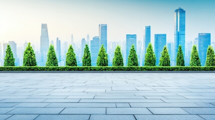 Sticker - A serene urban landscape featuring greenery and skyscrapers under a clear sky.