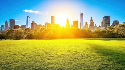 Poster - A vibrant skyline at sunset over a green field, showcasing nature and urban life.