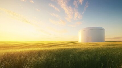 Poster - A single white cylindrical building stands alone in a field of tall grass at sunset.