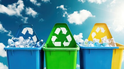 Three recycling bins for plastic waste under a clear sky, promoting environmental awareness.