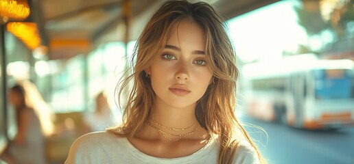 Wall Mural - Close-up portrait of a young woman with long hair, looking at the camera with a soft expression.