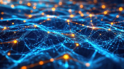 A digital web of interconnected nodes glowing with data, illustrating the evolution of technology.