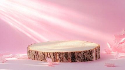 Aufkleber - Minimalist Monochromatic Mockup with Textured Wood Podium on Soft Pink Background and Vibrant Light Beams