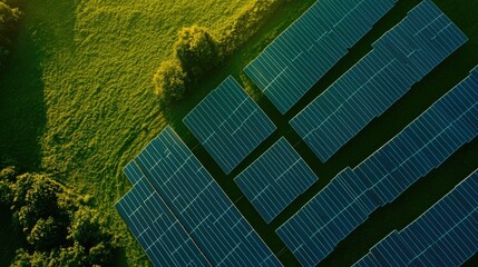 Aerial view of a large solar array with panels reflecting sunlight on a green field, highlighting advancements in solar energy technology