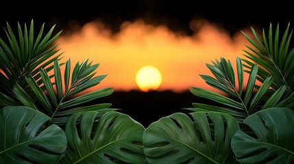 Tropical Sunset with Palm Leaves and Monstera Plants