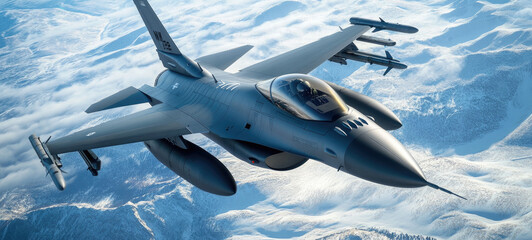 A fighter jet soaring through the sky, mountainous terrain in winter with snow-covered peaks and clouds swirling around it