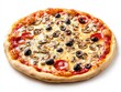 © Phoophinyo - A whole pizza with a variety of toppings like mushrooms and olives, isolated on a plain white background