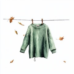 Watercolor painting of a cozy sweater hanging on a clothesline with leaves blowing by, on isolated white background