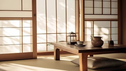 Poster - Step into a serene japanese tea room with warm sunlight, traditional shoji doors, tatami flooring, and minimalist design exuding calm and simplicity, embodying zen culture
