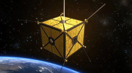 Wall Mural - a gold cube satellite orbits the earth against a backdrop of stars.