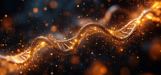 Wall Mural - Glowing golden DNA double helix with a dark background and bokeh.