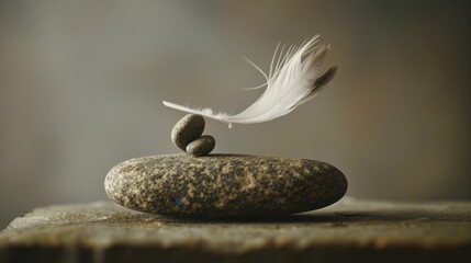 Canvas Print - Feather and Stone Balance Concept in Soft Lighting