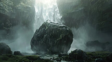 Canvas Print - Majestic Waterfall Cascading Over Mossy Rock