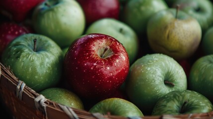 Wall Mural - Fresh Red and Green Apples in a Rustic Basket