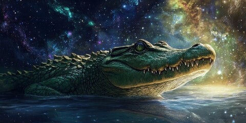 Wall Mural - fantasy galaxy art of a crawling alligator