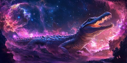 Wall Mural - fantasy galaxy art of a crawling alligator