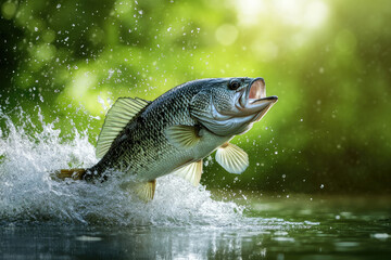 A large-mouth bass jumping out of the water with its head up, creating a splash in front of it, against a green background