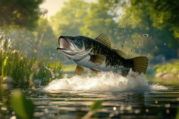 Wall Mural - A large-mouth bass jumping out of the water with a splash