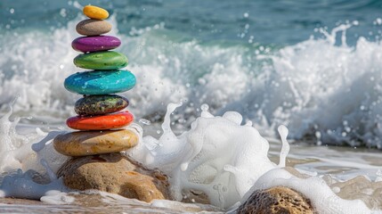 Canvas Print - Vibrant Stacked Stones on Beach with Ocean Waves