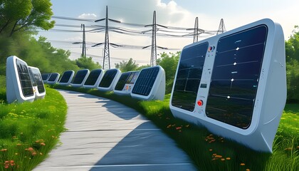 Futuristic cybernetic grid landscape showcasing advanced energy technologies and sustainable ecological innovations