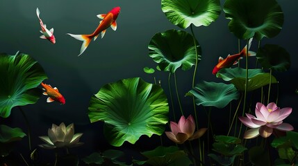 Wall Mural - Summer_Lotus_Leaves_Goldfish_Green_Lotus_Pond_Moonl_