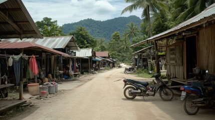 A quiet village street with wooden houses and parked motorcycles surrounded by nature.