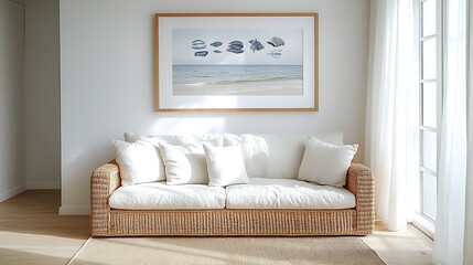 Wall Mural - A bright and open beach house living room with framed ocean-themed artwork above a woven rattan couch, soft natural lighting from large windows, white curtains flowing gently, and light wooden floors,