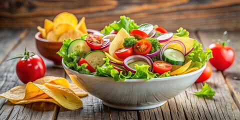 A healthy snack choice concept featuring a fresh vegetable salad and processed chips , fresh, vegetable, salad, snack, healthy