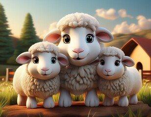 Poster - Cute Cartoon Sheep and Lamb Characters on a Farm