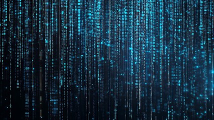 abstract digital background with blue binary code cascading down a black background.
