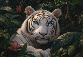 A white tiger with blue eyes in the jungle