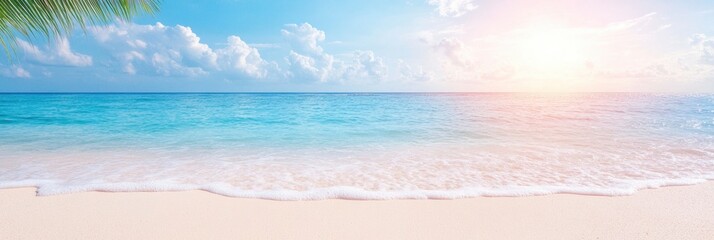 Lovely tropical beach with a backdrop of white clouds and a blue sky. Concept of nature surroundings and summer vacation.