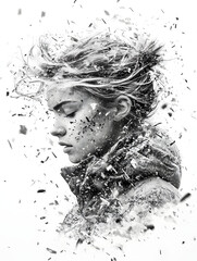 Wall Mural - Dark, reflective, surreal black and white poster of woman disintegrating into particles