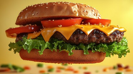 A deconstructed cheeseburger floating in mid-air, each layer—top bun, melted cheese, tomato, lettuce, patty, and bottom bun—hovering slightly apart, isolated on a pastel yellow background.