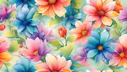 Wall Mural - Colorful seamless watercolor floral pattern with soft hues and delicate blossoms